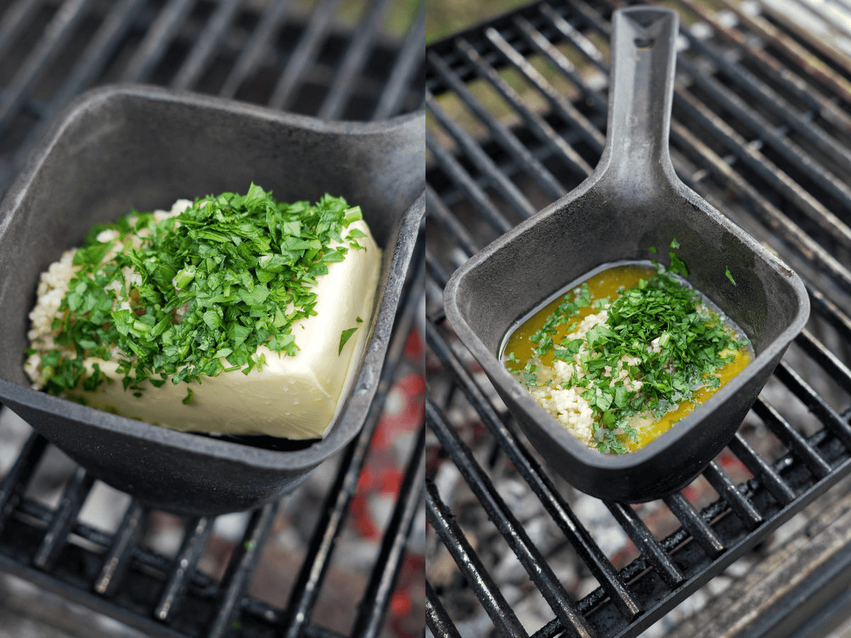 Melting ingredients for herb butter in a small cast iron pan on the grill