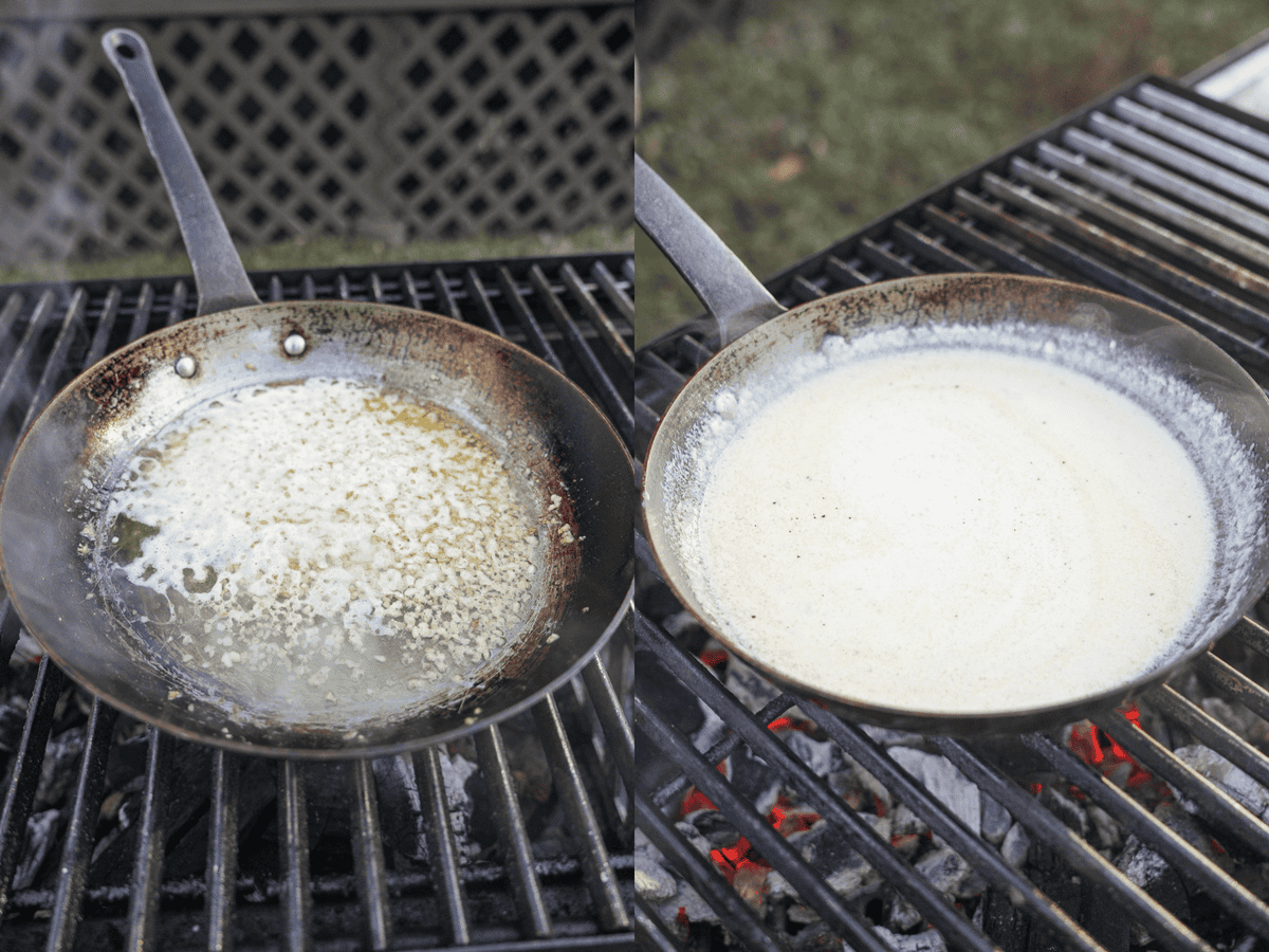 The cream sauce is prepared with melted butter and cream plus fresh herbs like dill.
