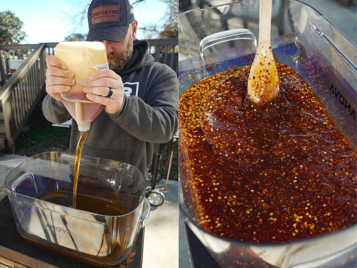 Derek Wolf pouring a gallon of honey into a food safe container and then mixing the honey with red chili flakes, using a wooden spoon