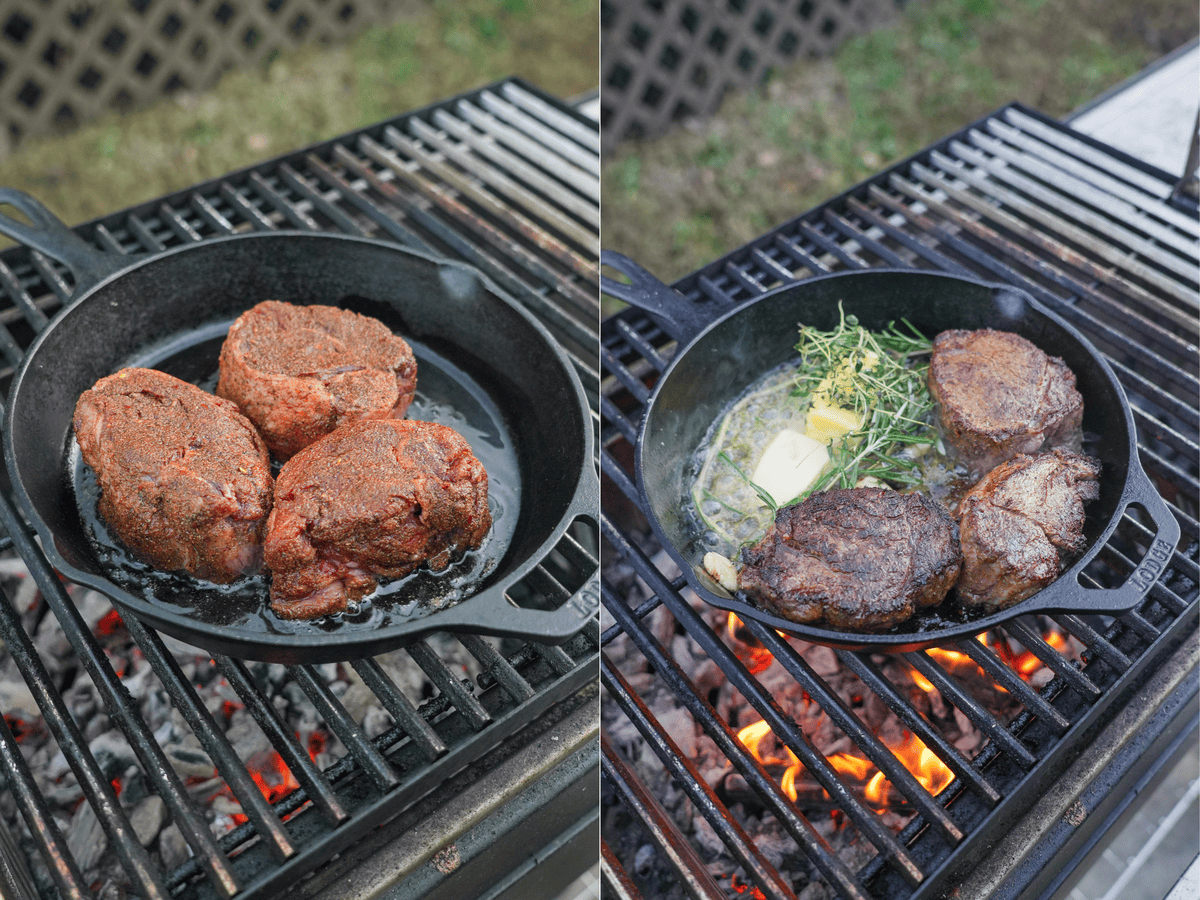 There are two adjacent images. The one on the left shows the seasoned steaks. The one on the right shows them after searing with butter, rosemary, and garlic.