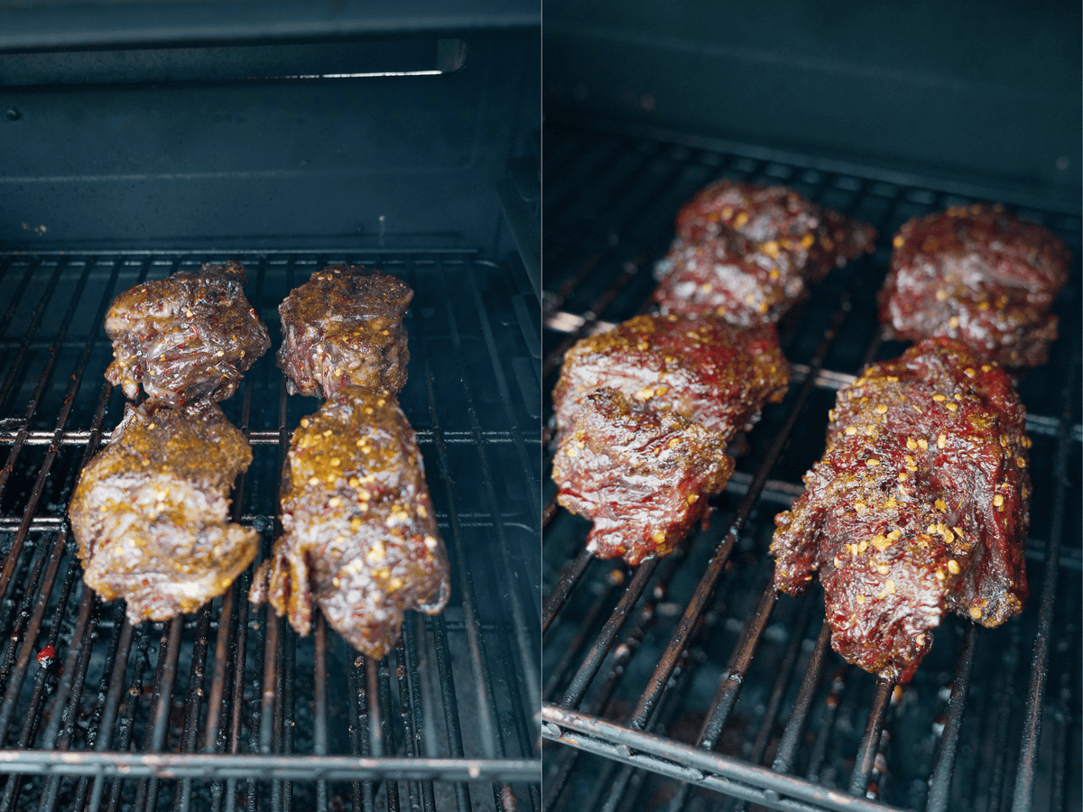 Side by side photos of raw filet mignon on the smoker, with a comparison photo of cooked steaks