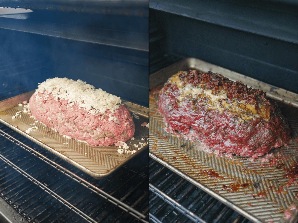 Raw Texas Twinkie meatloaf on parchment paper in the smoker, then showing the cooked Texas Twinkie meatloaf in the smoker