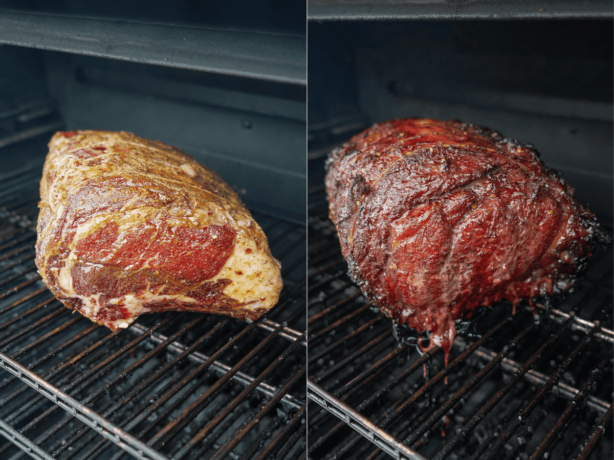 Side by side photos of hot honey smoked prime rib on the smoker, one raw and one cooked