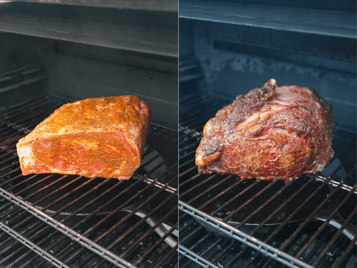There are two images side by side; on the left is the seasoned meat before, on the right is the after showing what it looks like smoked on the grill.