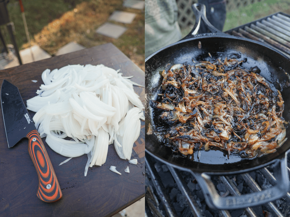 There are two images side by side. On the left the chopped onions with a sharp knife. On the right, the onions caramelized in the cast iron skillet.