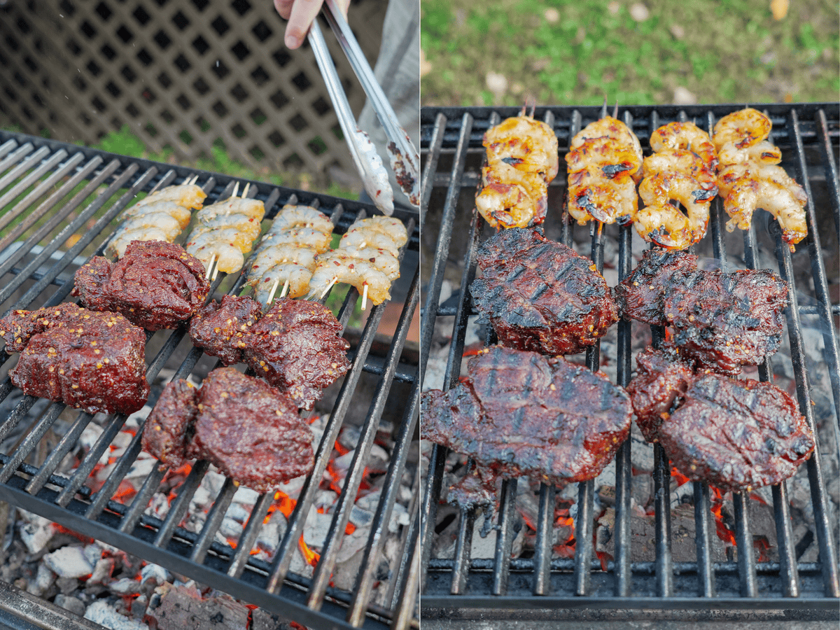 Searing filet mignon on the grill and grilling cured shrimp skewers