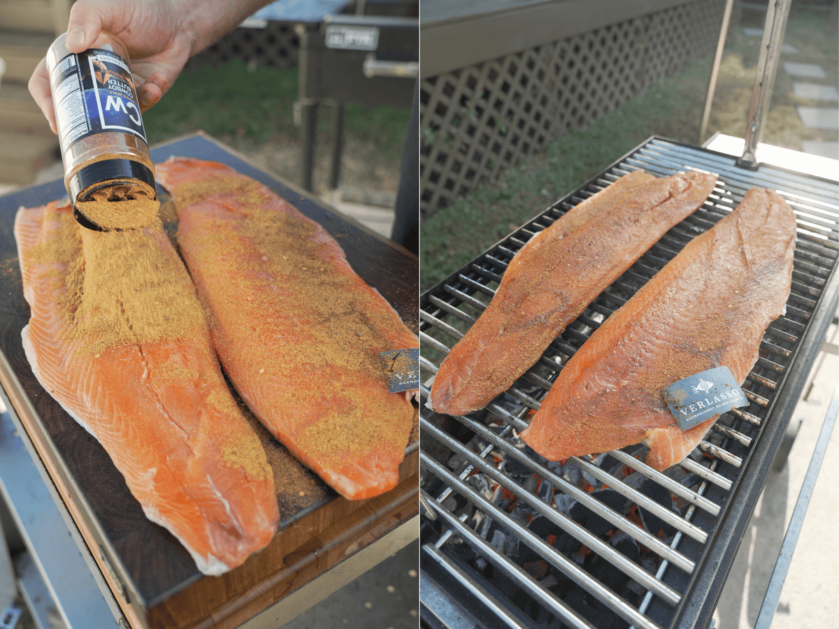 Seasoning salmon fillets with Cowboy Butter Seasoning and using tongs to place the two fillets on the grill grates