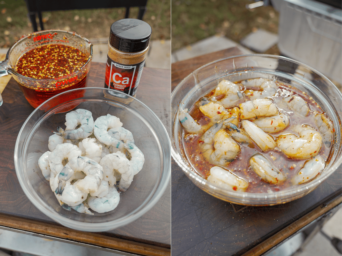 Seasoning shrimp with seafood rub and adding to hot honey for curing
