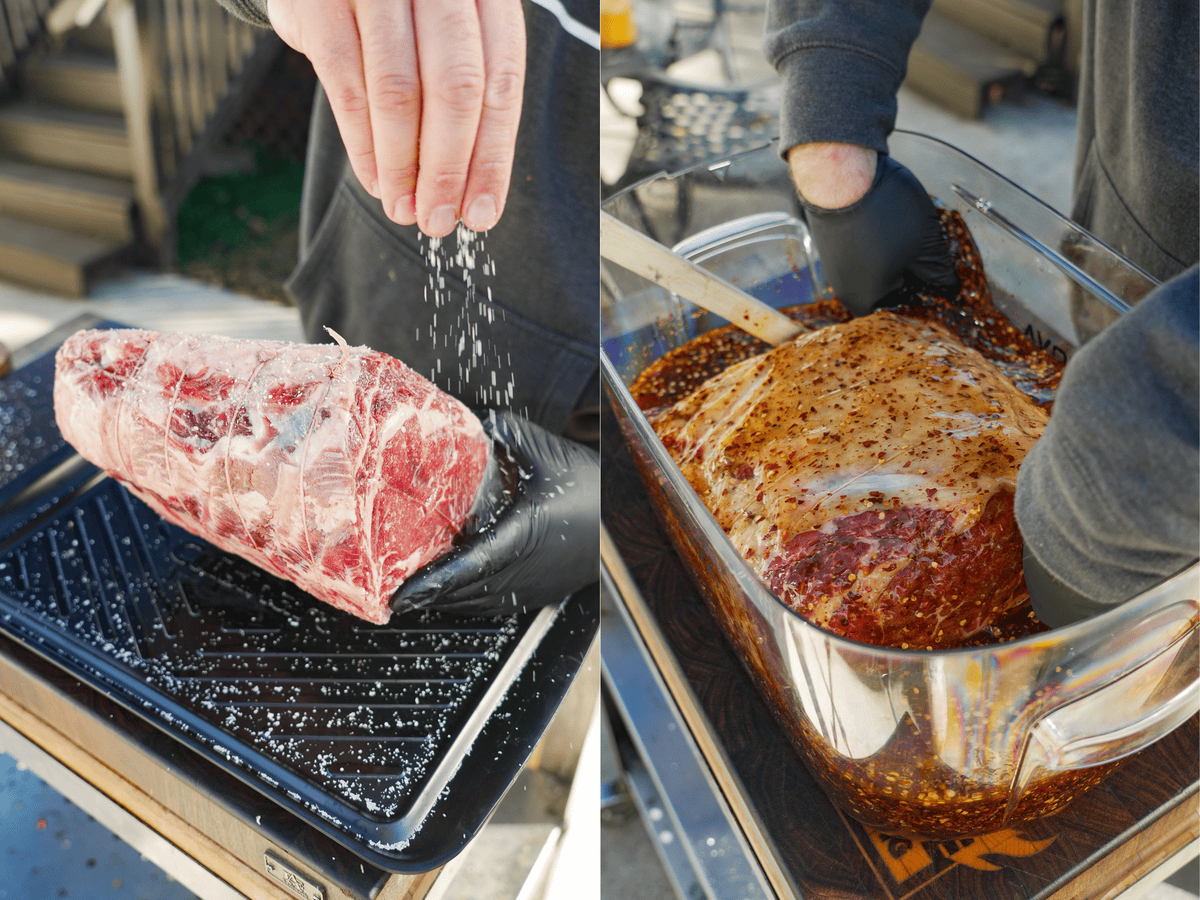 Seasoning a raw prime rib roast with kosher salt and then placing in the hot honey cure