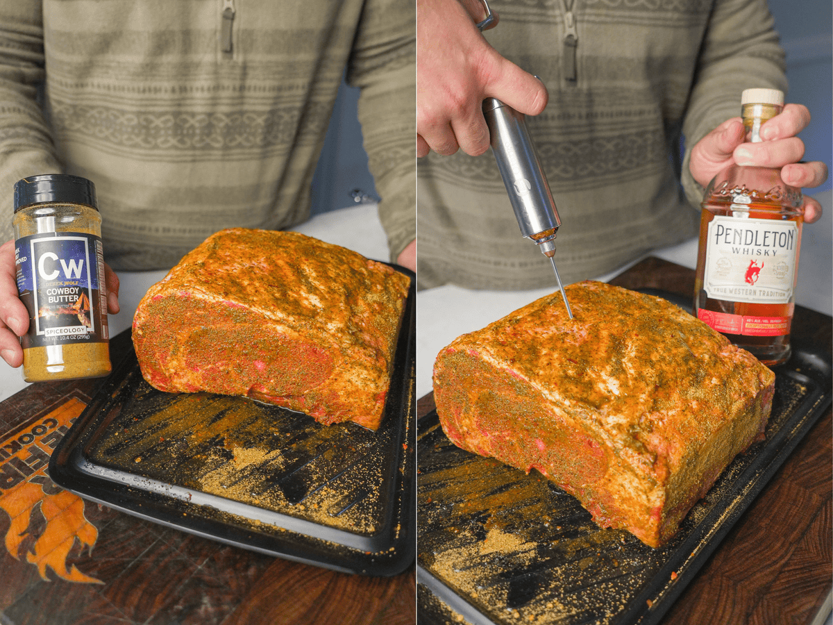 Two images side by side; Derek seasons the meat with Cowboy Butter and then injects the meat with Pendleton Whisky.