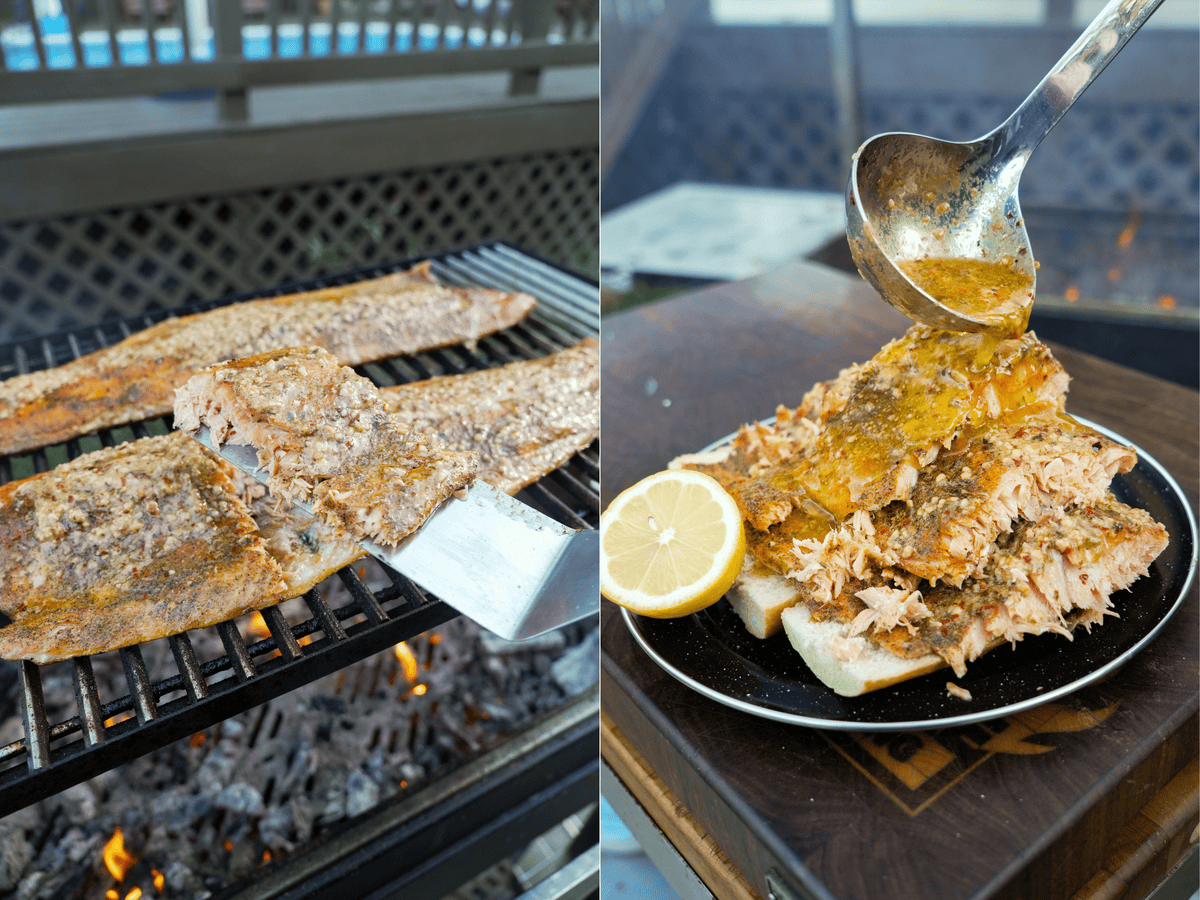Using a spatula to serve grilled salmon fillets from the grill and basting a plateful of the fillets with cowboy butter