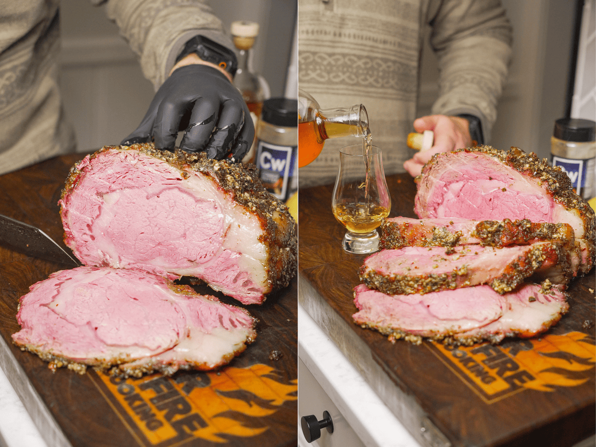 Two images side by side. The prime rib is perfectly cooked to temperature and sliced after resting. On the right, Derek pours himself some whisky.