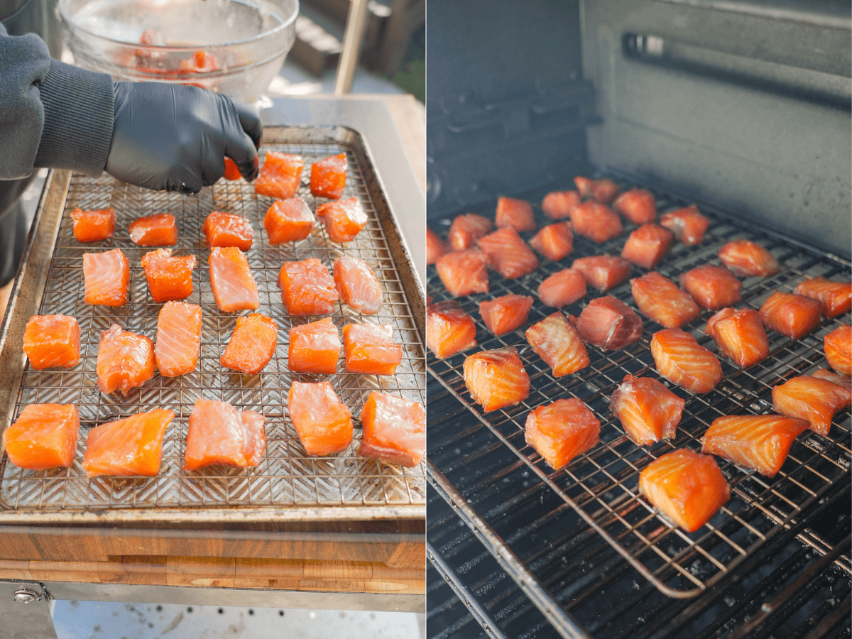 Seasoning Verlasso salmon cubes and smoking on a wire rack on the smoker grate