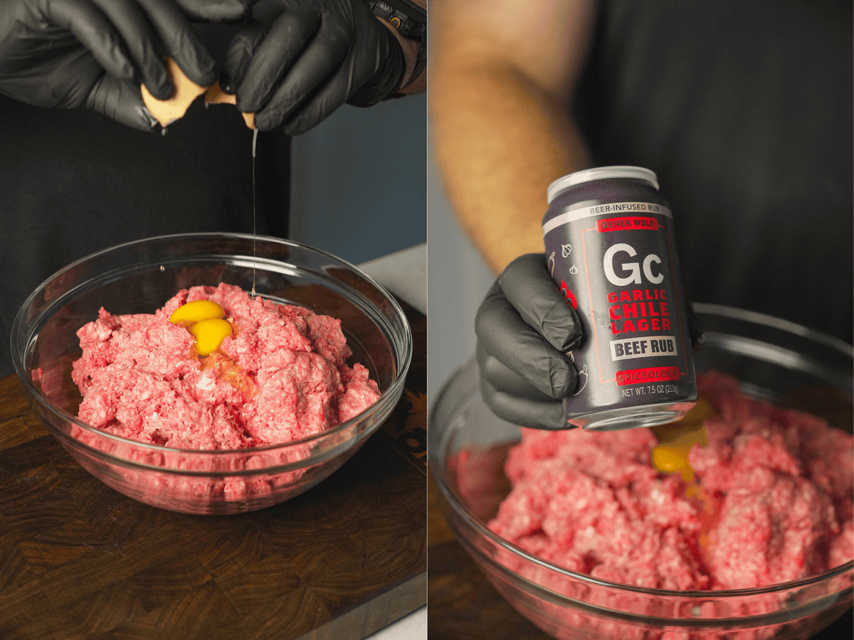 Preparing ground beef for Texas Twinkie meatloaf with eggs and Garlic Chile Lager