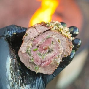 The spiral tenderloin sliced shows off the juicy, tender beef and the herb stuffing.