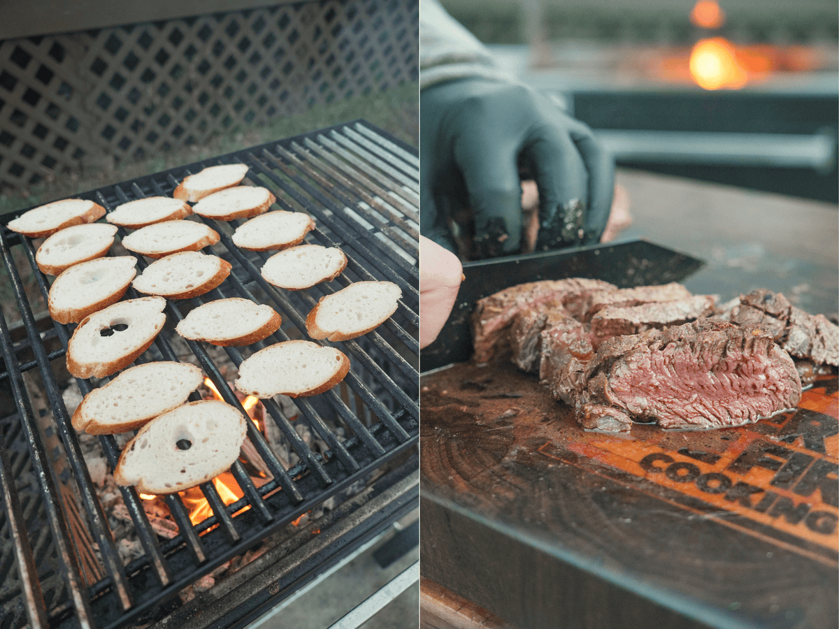 The bread is toasted and the steak is sliced getting ready for final assembly.