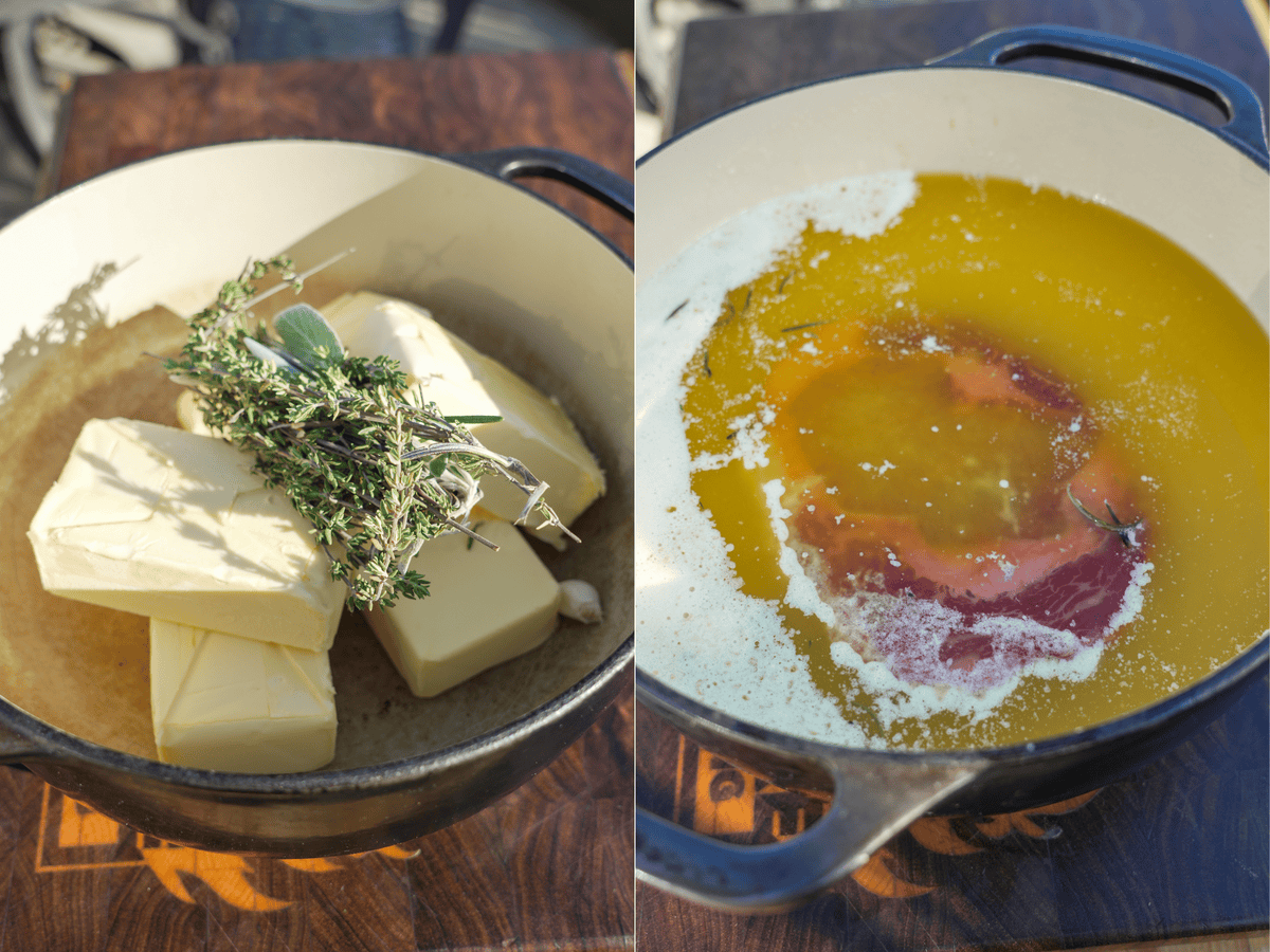 The steak takes a bath in a ton of fresh butter and fresh herbs.