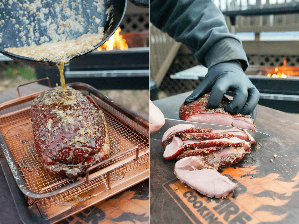 The melted butter is dumped over the venison. On the right, Derek slices the venison into perfect portion.