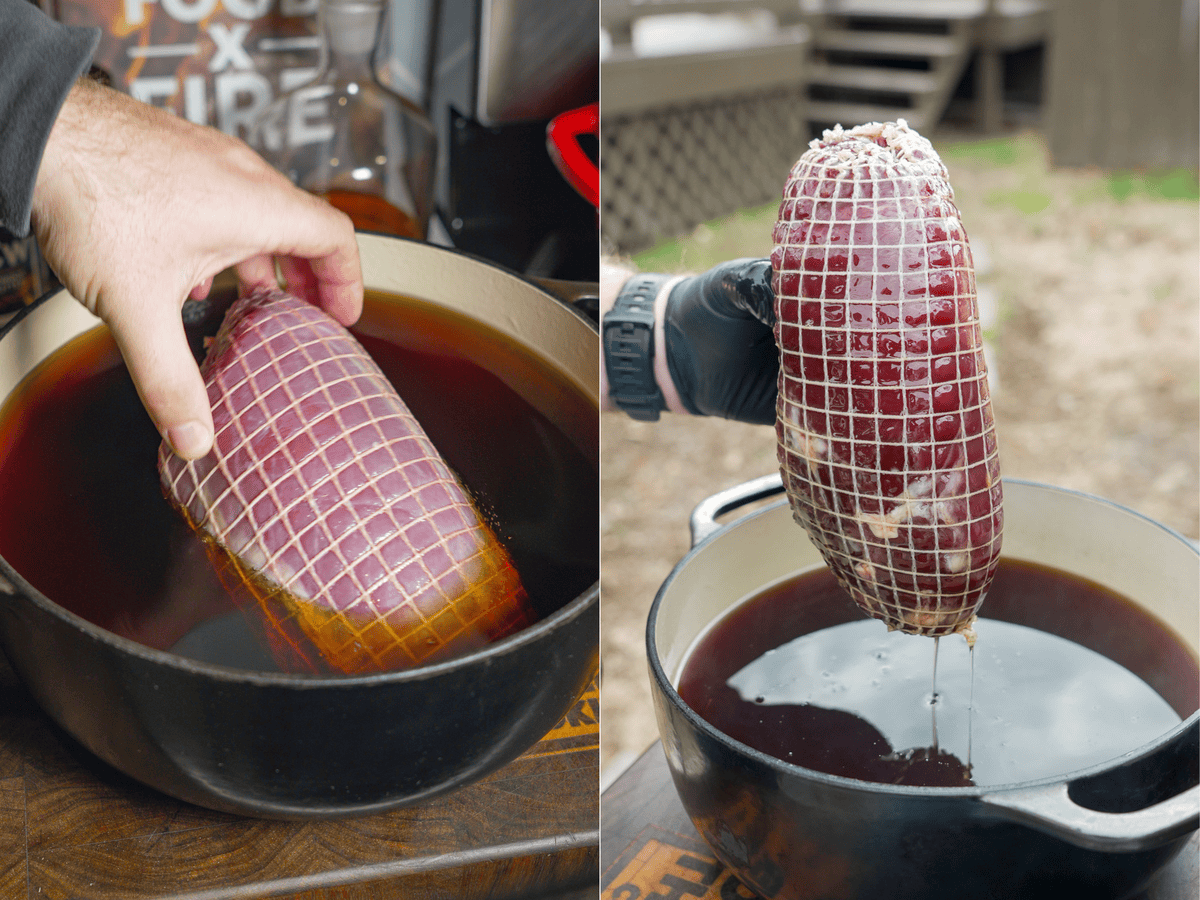 The holiday roast from Maui Nui is dipped in the maple bourbon cure.