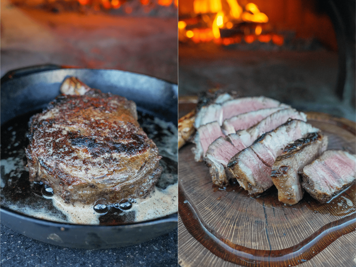 The left image shows the whole cut of beef before slicing; the right image shows the meat sliced on a wooden cutting board.