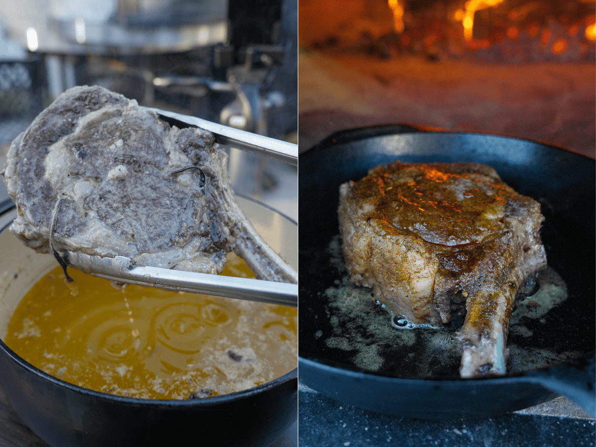 The left image shows the steak about to dive into the butter bath again; the right side shows the sear on the cast iron skillet.