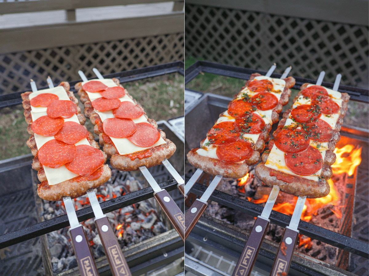 Two progress shots of sausage skewers with pizza ingredients placed on top and then cooking over the grill