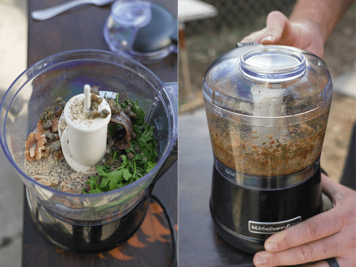 Placing ingredients for the Le Relais de Venise sauce in a food processor, then blending it all together