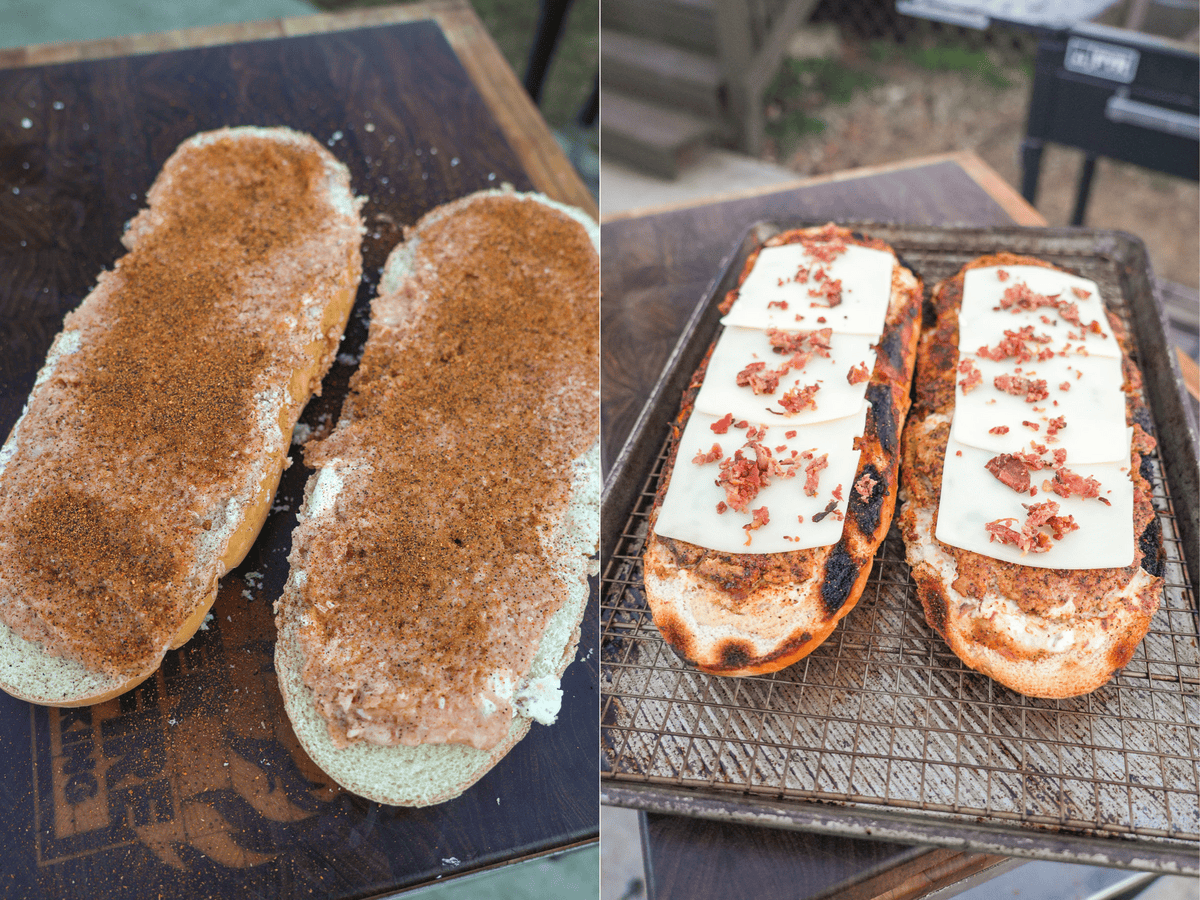 Prepped stuffed chicken bacon ranch bread ready for cooking, then cooked sitting on a wire rack in a baking sheet with mozzarella cheese slices on top