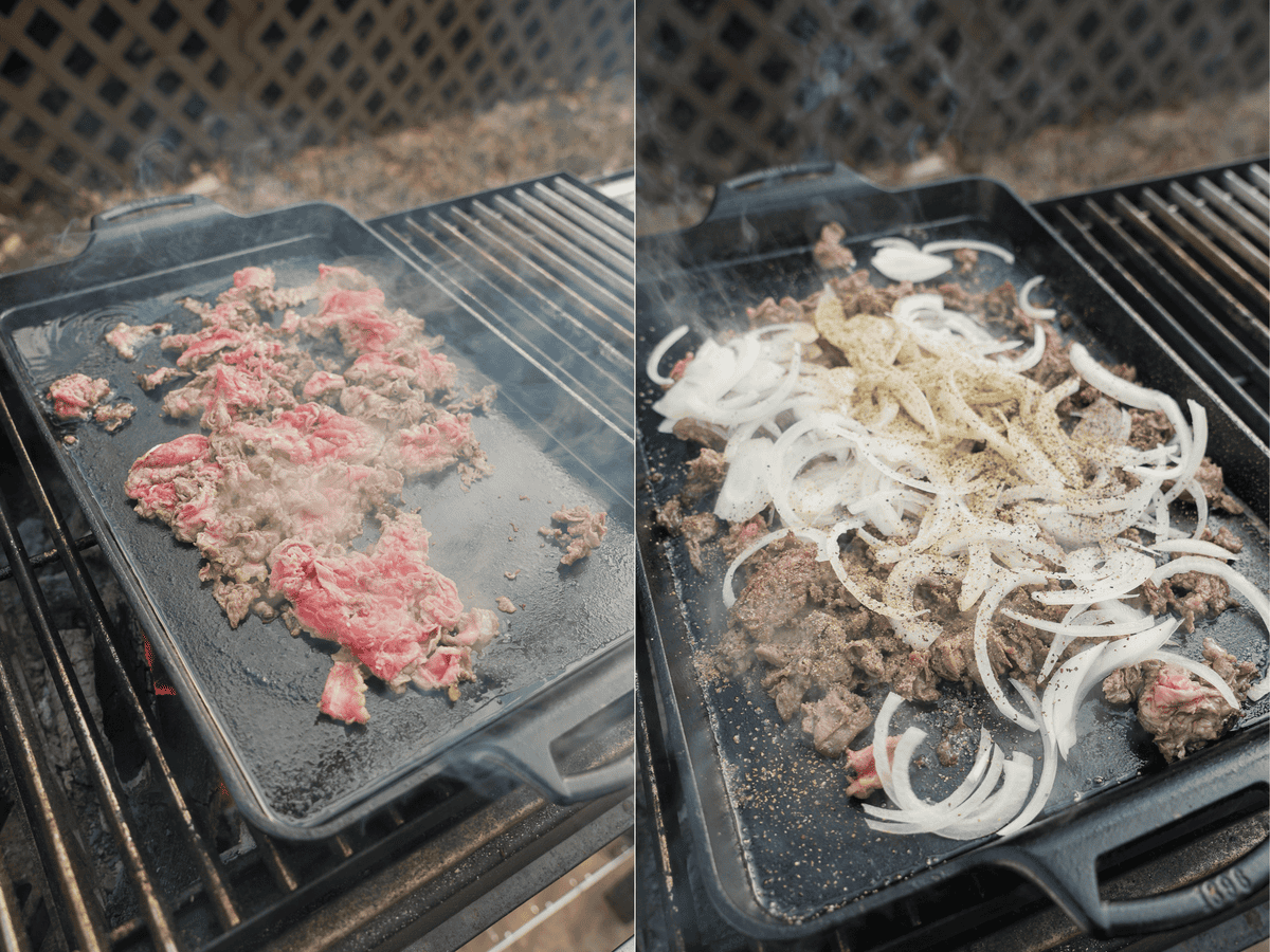 The steak cooks on the cast iron plancha on the left and the onions cook on the right.