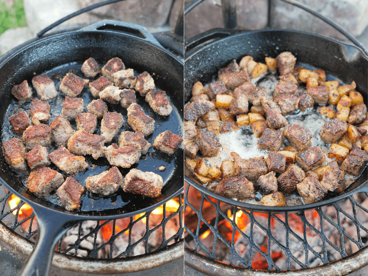 The meat cooks to perfection in the cast iron skillet.
