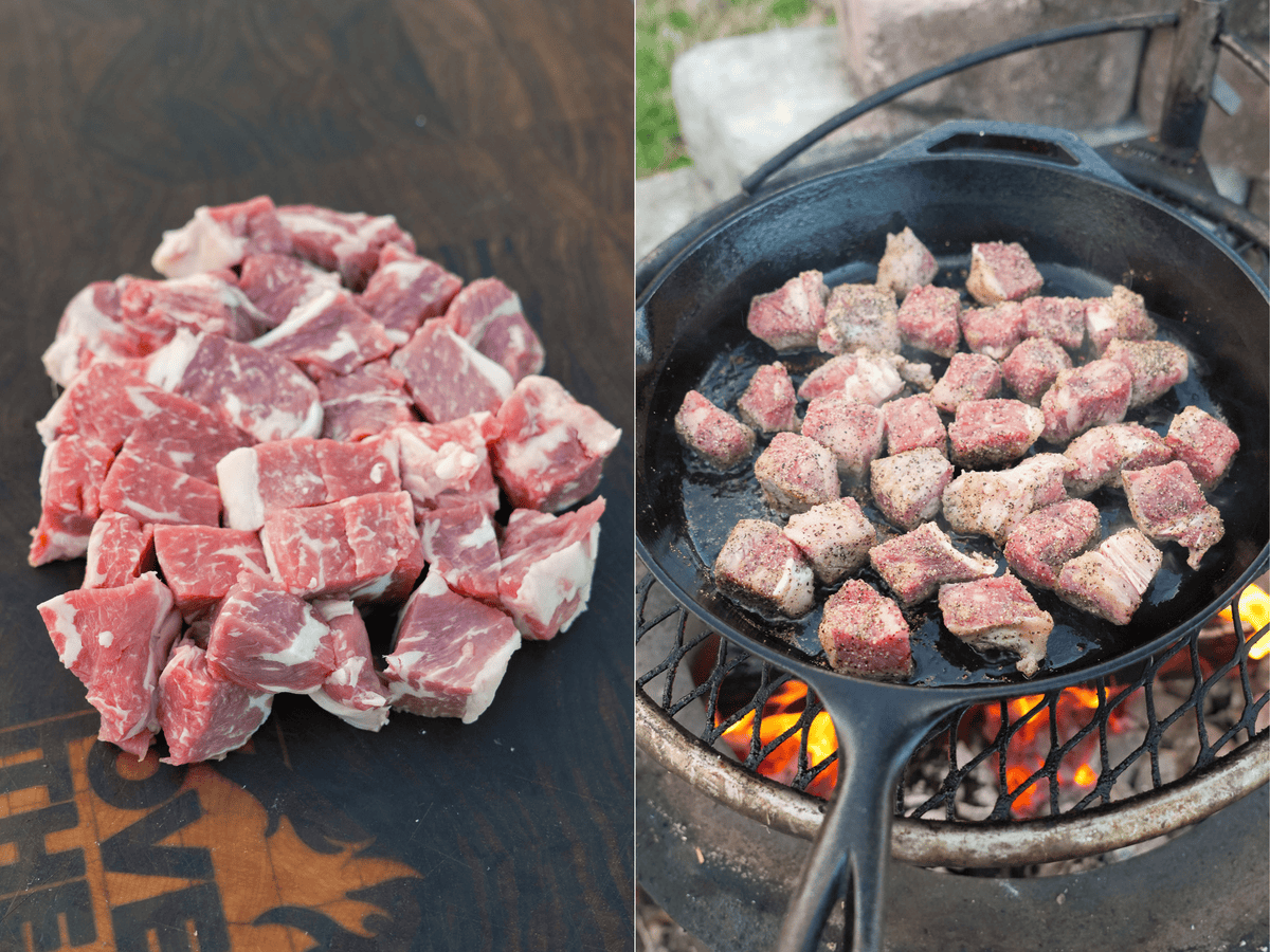The raw steak cubes on the left; the steak cooks on the right.