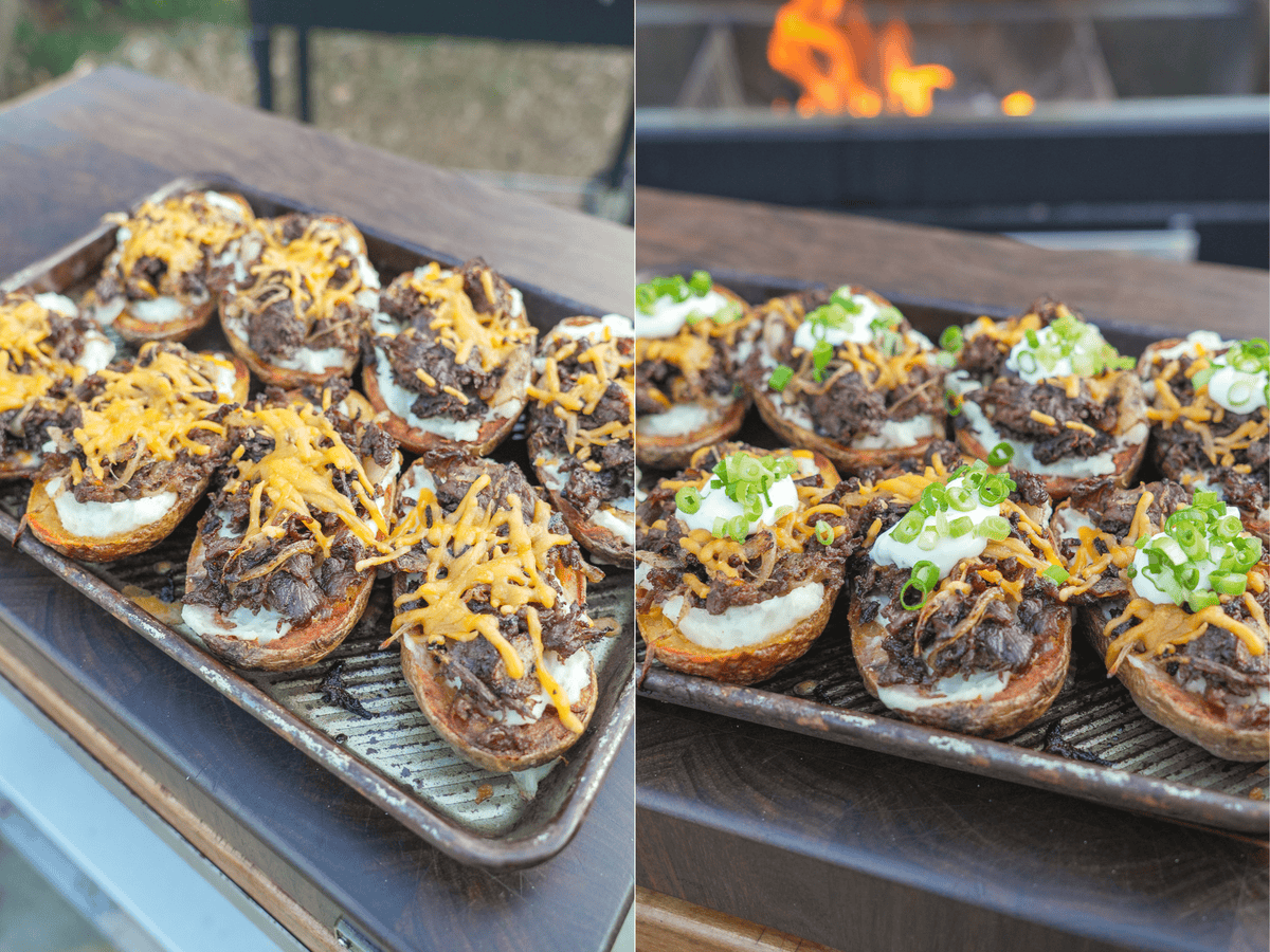 The potato skins before and after a bit of garnish is sprinkled over the top.