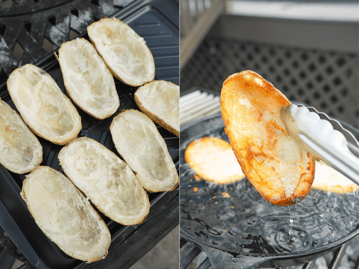 Hollowed out potatoes, but in half form the foundation for the best potato skins you'll ever have.