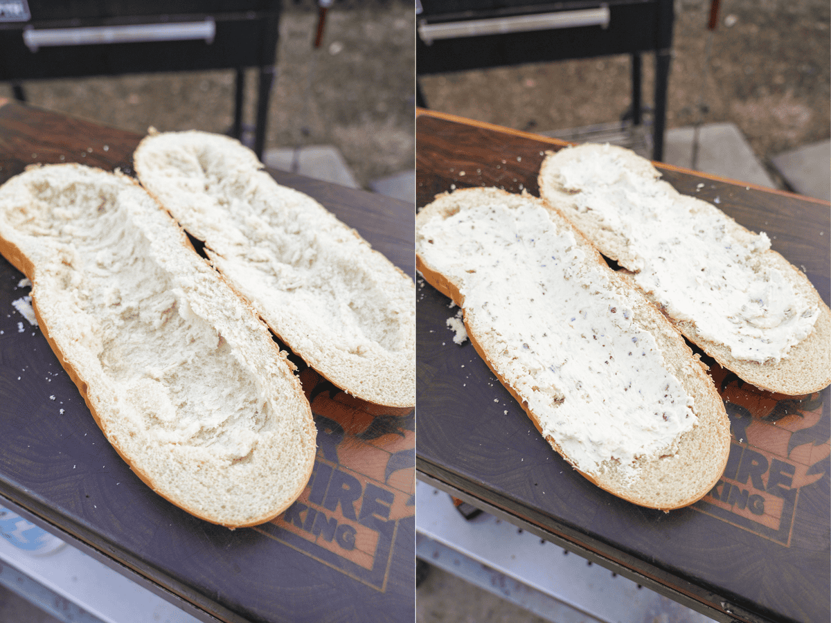 Hollowing out an Italian bread loaf, then adding in cream cheese stuffing