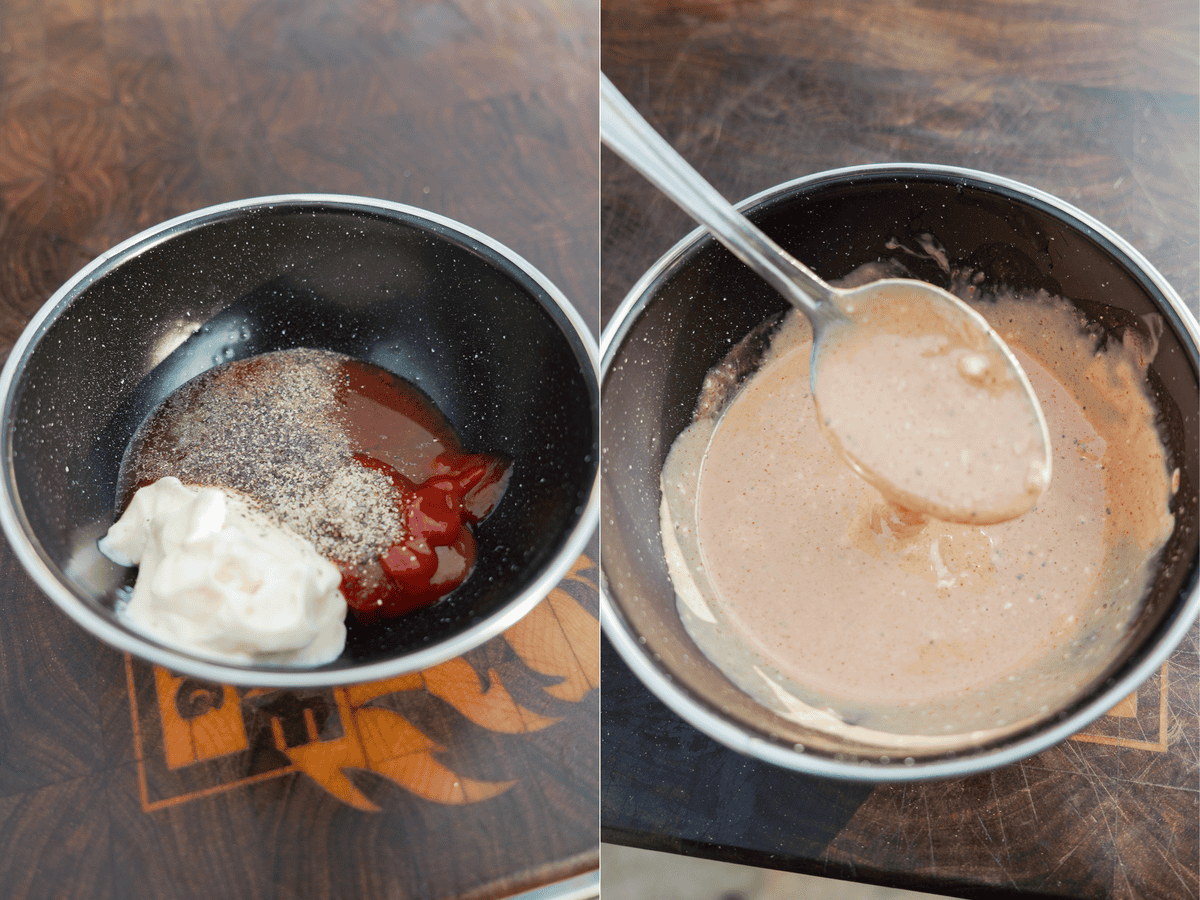 Making burger sauce with mayonnaise, ketchup, relish and FYR RED Hot Sauce