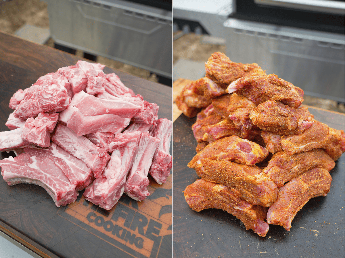 Raw ribs cut into individual pieces, then seasoned with Cowboy Candy rub