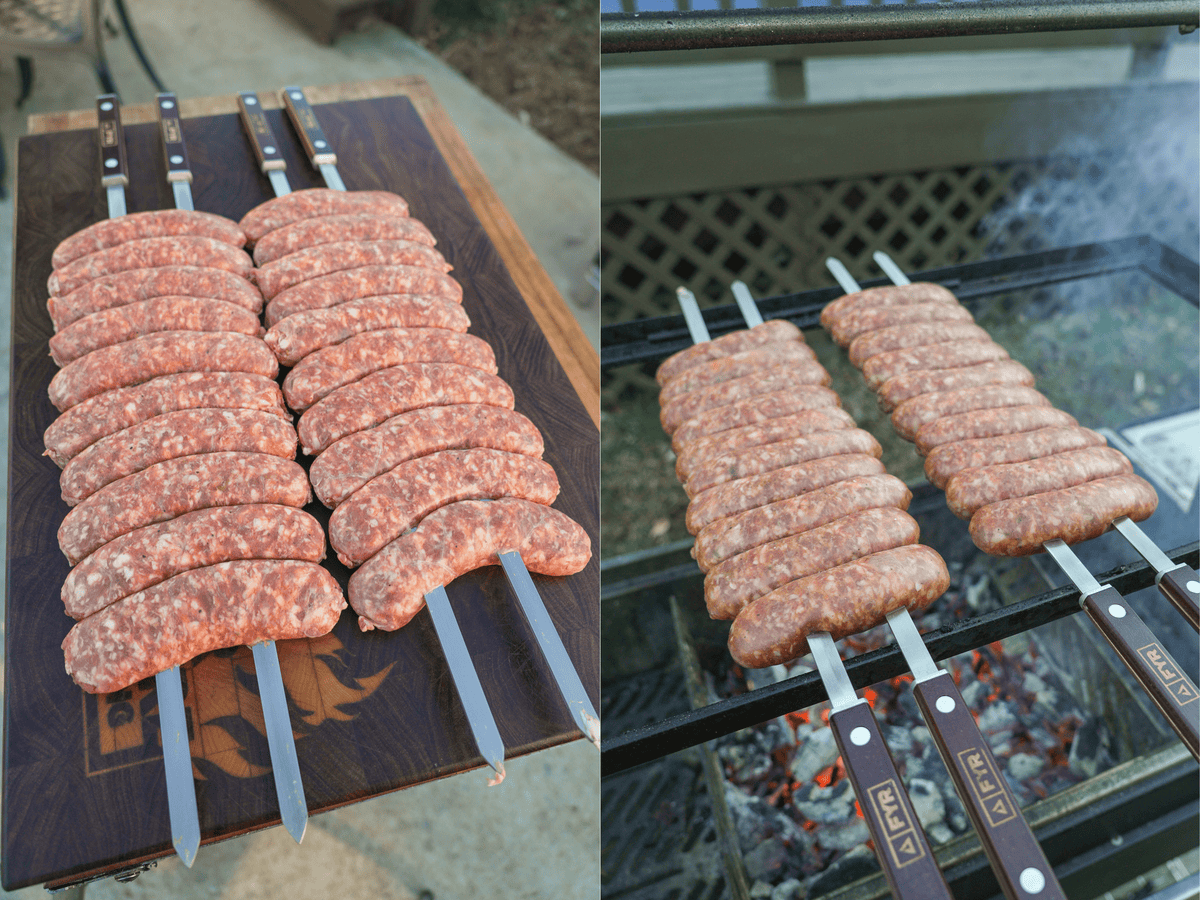 Raw sausage on skewers over the grill grates, next to a photo of the skewered sausages in the cooking process on the grill