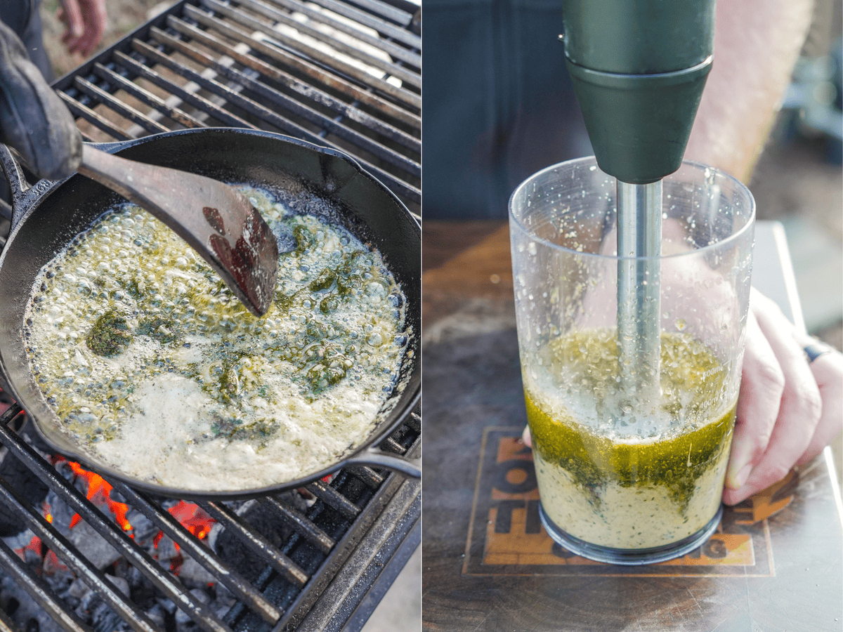 Simmering herbs with butter in a cast iron skillet to create the sauce, then pureeing the sauce using an immersion blender