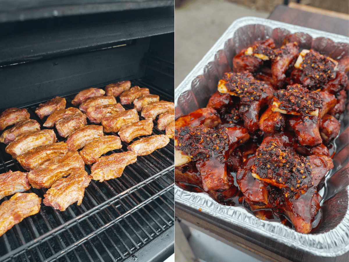 Smoking the individual ribs on the grill grates, then adding them to the foil bin with the crutch ingredients