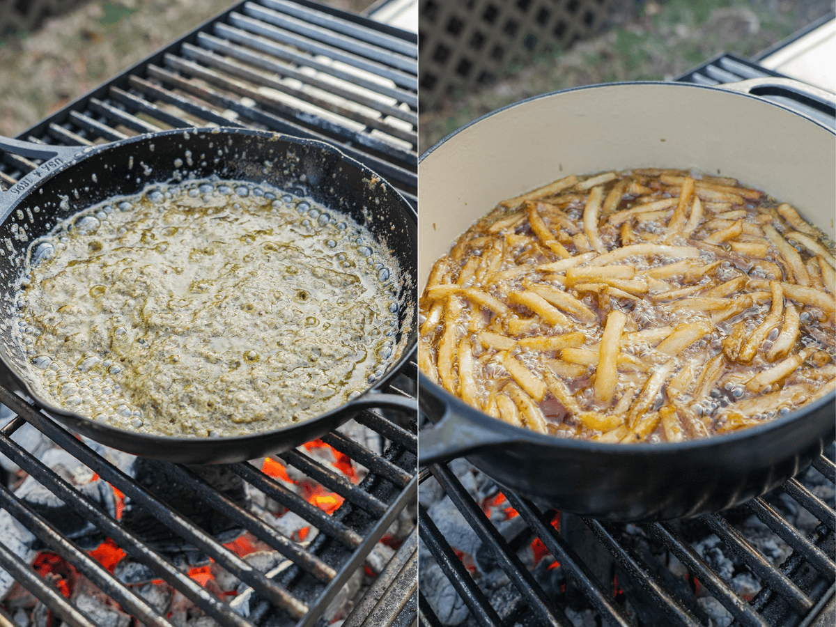 Splitting the steak frites sauce in a cast iron skillet, next to an image of Russet potato fries frying in a Dutch oven filled with beef tallow