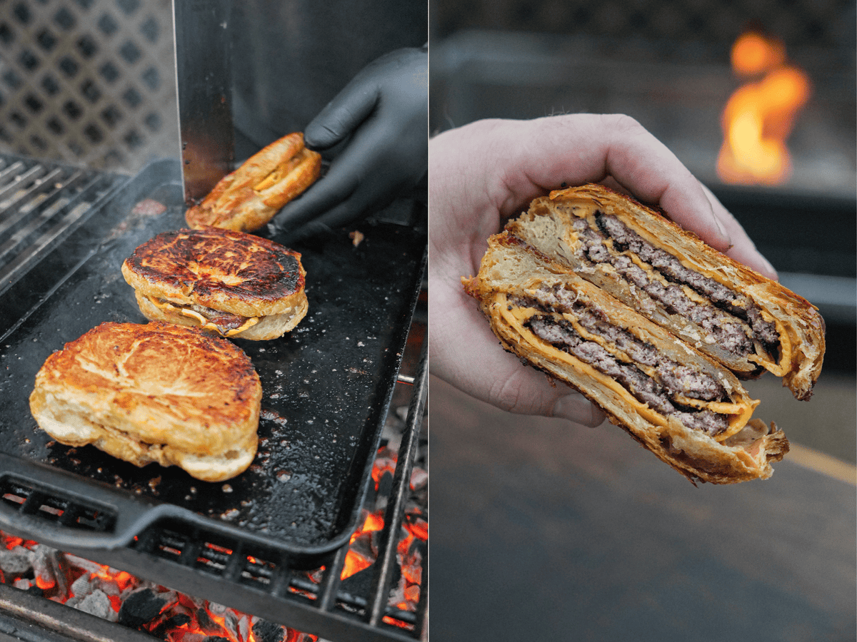 Gloved hands pulling toasted croissant smashburgers from the grill and then a hand holding a sliced croissant smashburger to show the beef patty texture