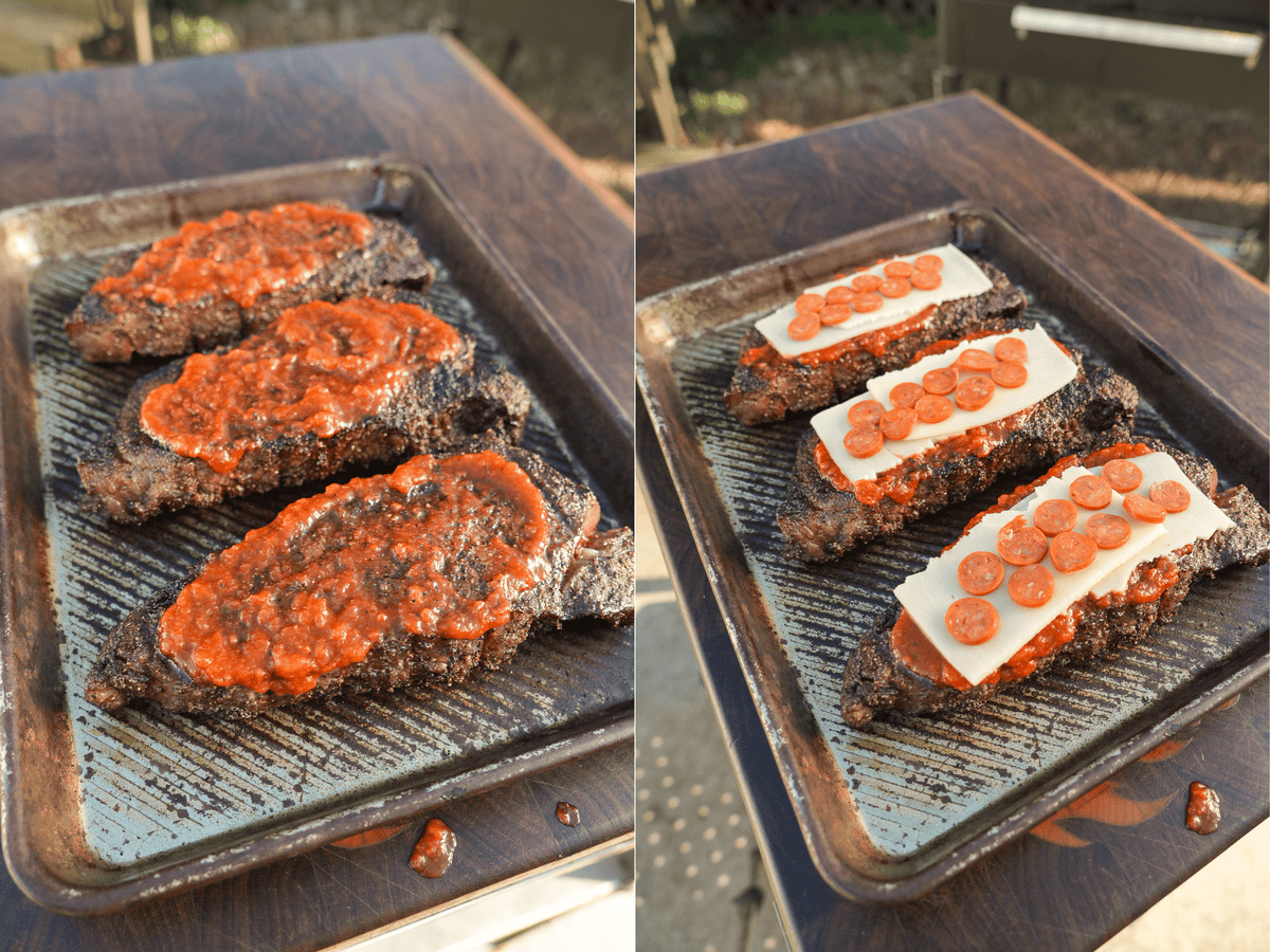 The toppings are added on top of the perfectly cooked grilled steaks before heading to the broiler oven.