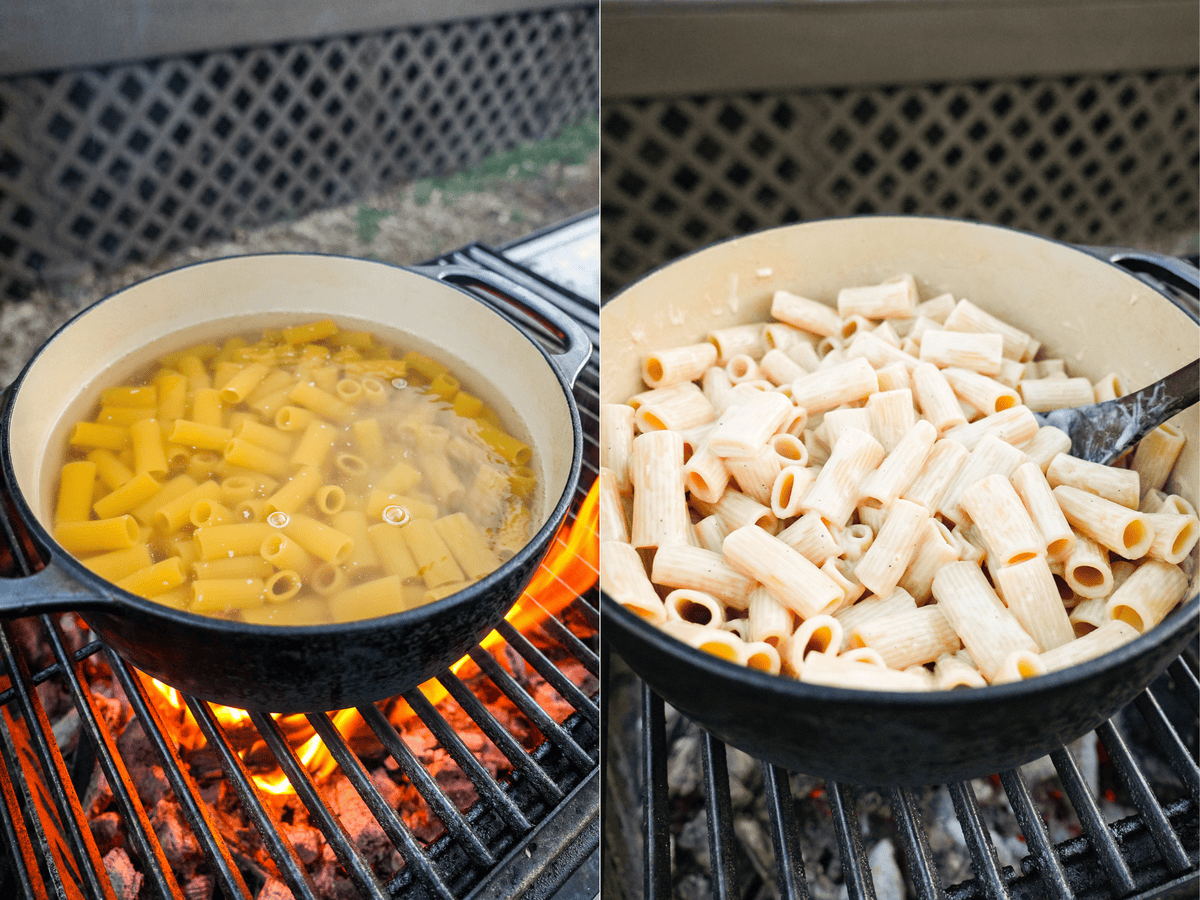 Pasta noodles are boiled to go with the perfect Italian steak recipe. 