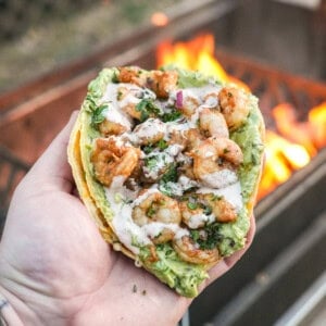 Derek Wolf holding a chipotle shrimp taco with shrimp, guacamole, chipotle sauce, cheese and a corn tortillas