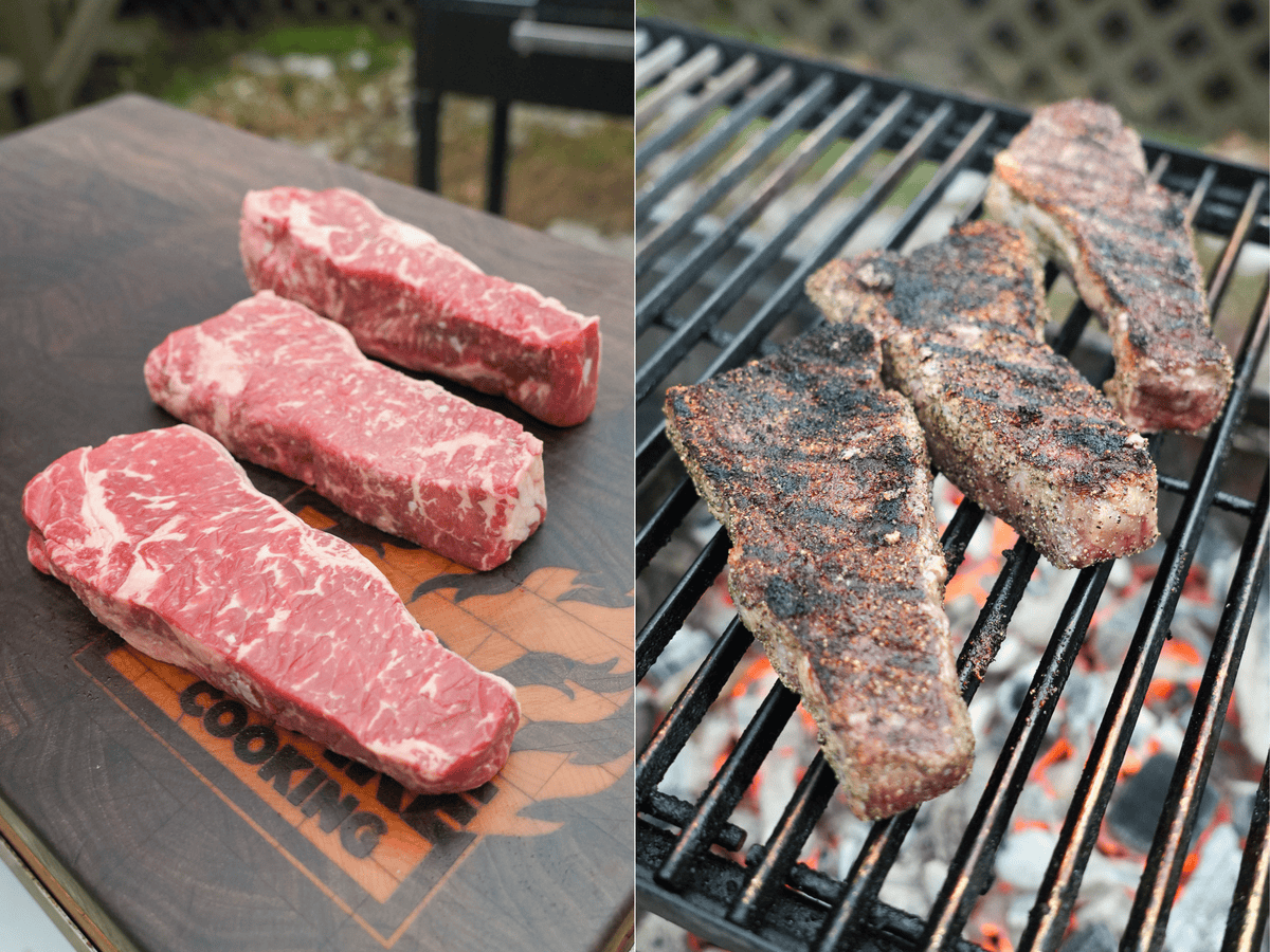 The NY Strip steaks are cooked on the grill. Left is before, right is after.