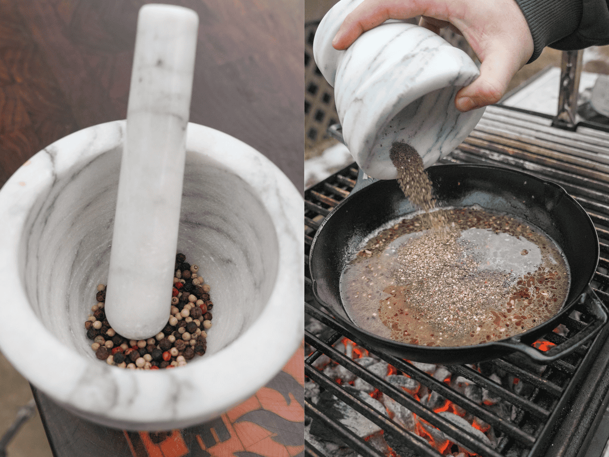 The fresh peppercorns are crushed by hand using a mortar and pestle before getting added to the pan.