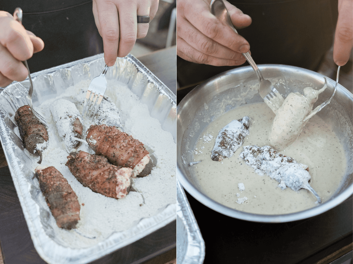 The poppers, wrapped in bacon, are dropped in the beer batter.