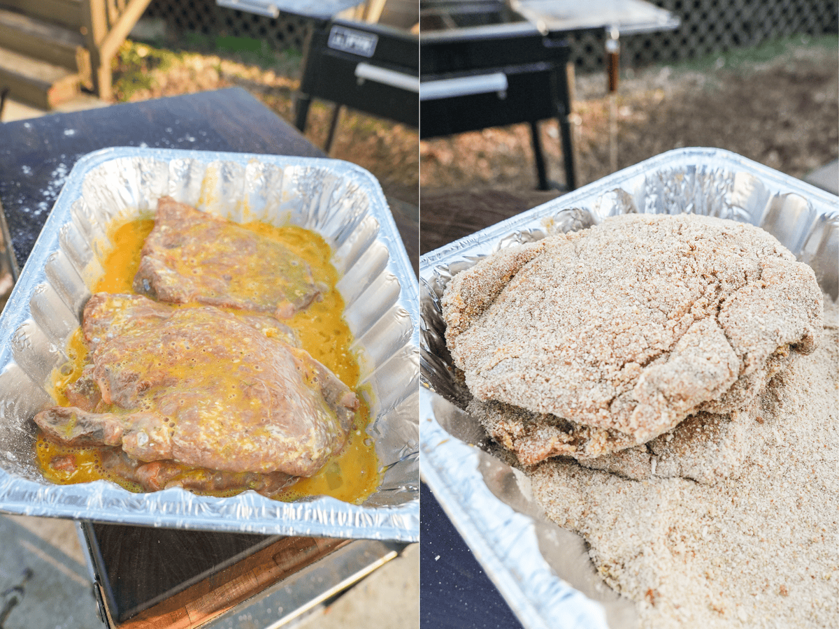 The dredging process is shown here for the pounded steaks.