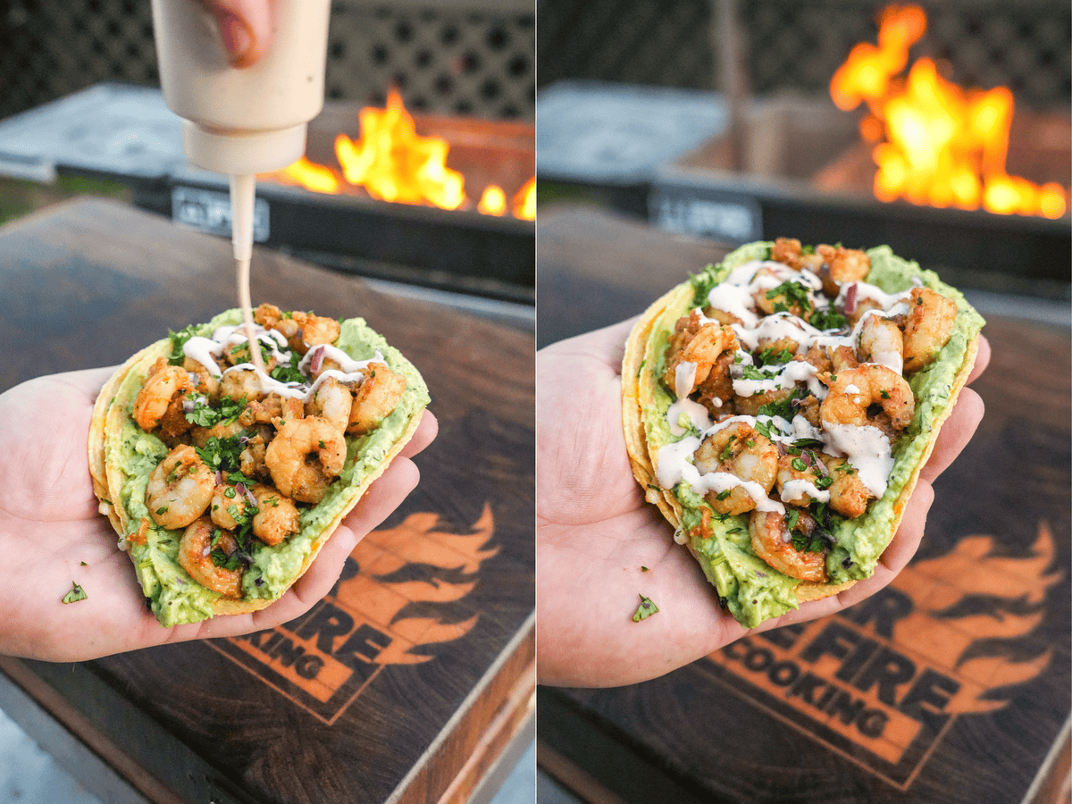 Two photos of the finished chipotle shrimp tacos, squeezing chipotle sauce over the first