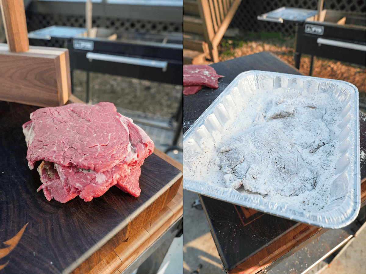 The raw meat is pounded on the left side; the flour mixture is shown on the right side.